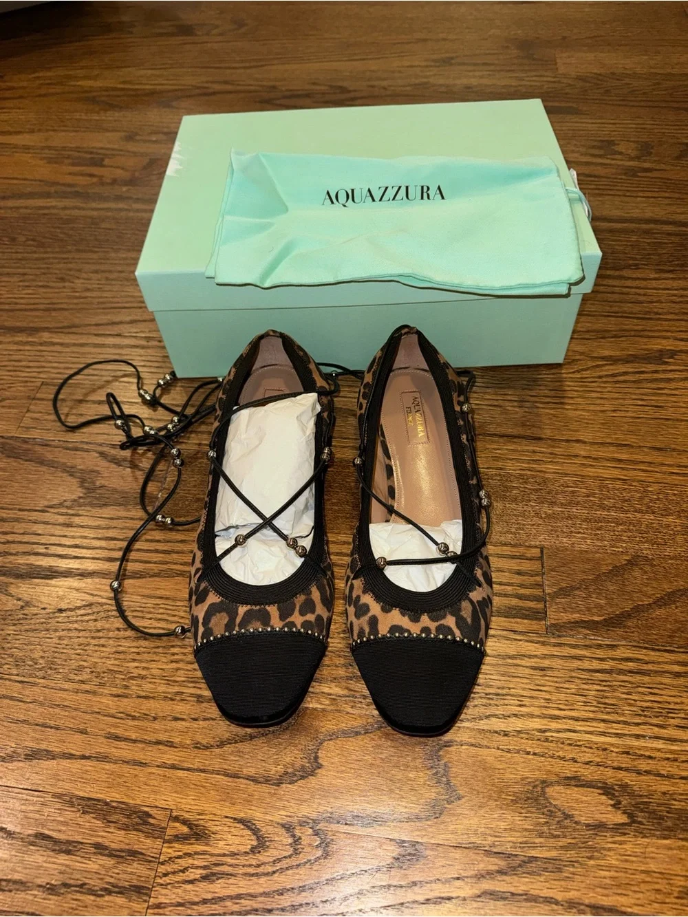 New Size 39.5 Aquazzura Leopard Print Suede and Fabric Tie Up Ballet Flats